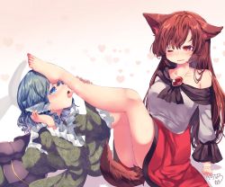 Rule 34 | 2girls, animal ear fluff, animal ears, ass, bare shoulders, barefoot, blue eyes, blue hair, blush, breasts, brooch, brown hair, collarbone, dress, drill hair, fang, feet out of frame, fingernails, fins, frilled sleeves, frills, green kimono, head fins, heart, highres, imaizumi kagerou, japanese clothes, jewelry, kemo chiharu, kimono, licking, licking leg, long hair, long sleeves, medium breasts, mermaid, monster girl, multiple girls, nail polish, off-shoulder dress, off shoulder, one eye closed, open mouth, red eyes, red nails, red skirt, sharp fingernails, short hair, signature, sitting, skirt, tail, thighs, toenail polish, toenails, touhou, wakasagihime, wide sleeves, wolf ears, wolf tail, yuri