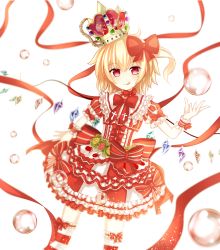 Rule 34 | 1girl, alternate costume, bad id, bad pixiv id, blonde hair, bow, bubble, crown, dress, flandre scarlet, hair bow, highres, licking lips, looking at viewer, puffy sleeves, red eyes, rinne (kouheiramia), simple background, smile, solo, striped clothes, striped dress, striped thighhighs, thighhighs, tongue, tongue out, touhou, wings, wrist cuffs, zettai ryouiki