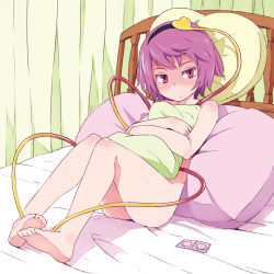 Rule 34 | 1girl, bad id, bad pixiv id, barefoot, bed, condom, condom packet strip, condom wrapper, d@i, feet, hairband, heart, heart-shaped pillow, highres, indoors, komeiji satori, looking at viewer, nude, hugging object, on bed, pillow, pillow hug, purple eyes, purple hair, shaded face, solo, sweat, touhou