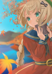 Rule 34 | 1girl, aqua eyes, autumn, autumn leaves, belt, black neckerchief, blonde hair, blue sailor collar, blue sky, blurry, blurry background, blurry foreground, book, braid, braided ponytail, commentary request, day, falling leaves, hair ornament, hair ribbon, hairclip, highres, holding, holding book, leaf, long hair, looking to the side, mountain, neckerchief, open book, original, outdoors, parted lips, partial commentary, red serafuku, ribbon, rindou ringdong, sailor collar, school uniform, serafuku, sky, solo, standing, tree, upper body, very long hair, water