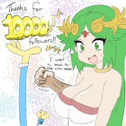 Rule 34 | breasts, cleavage, fruithead, green eyes, green hair, large breasts, open mouth, palutena, sweatdrop