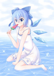 Rule 34 | 1girl, absurdres, alternate costume, bare shoulders, blue bow, blue eyes, blue hair, blush, bow, cirno, dress, female focus, food, full body, hair bow, highres, ice, ice wings, looking at viewer, nugi (armenci), popsicle, sitting, solo, strap slip, touhou, wariza, water, watermelon bar, white dress, wings