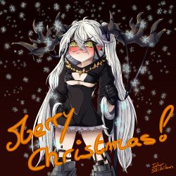 Rule 34 | 1girl, absurdres, ahoge, antlers, armored boots, artist name, bikini, bikini top only, black bikini, black cloak, black gloves, black hair, black ribbon, blush, boots, breasts, brown background, cleavage cutout, cloak, clothing cutout, commentary, destroyer (dashing reindeer) (girls&#039; frontline), destroyer (girls&#039; frontline), english commentary, english text, girls&#039; frontline, gloves, hair between eyes, hand on own hip, highres, hip vent, horns, idw shikikan, impossible clothes, large breasts, long hair, merry christmas, multicolored hair, reindeer antlers, ribbon, smile, snowflakes, solo, streaked hair, swimsuit, twintails, very long hair, white hair, wide sleeves, yellow eyes