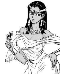 Rule 34 | 1girl, bad id, bb (baalbuddy), bracer, breasts, bright pupils, card, circlet, cleavage, closed mouth, contrapposto, dark-skinned female, dark skin, dress, egyptian, fingernails, greyscale, hair tubes, hand on own hip, highres, holding, holding card, inactive account, ishizu ishtar, large breasts, long hair, looking at viewer, millennium necklace, monochrome, off-shoulder dress, off shoulder, sash, simple background, solo, standing, white background, yu-gi-oh!, yu-gi-oh! duel monsters