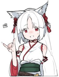 Rule 34 | 1girl, animal ear fluff, animal ears, bare shoulders, breasts, collarbone, commentary request, detached sleeves, fox shadow puppet, hand up, highres, japanese clothes, kimono, long hair, long sleeves, looking at viewer, medium breasts, mksk 69, obi, original, parted bangs, red eyes, sash, simple background, sleeveless, sleeveless kimono, solo, upper body, very long hair, white background, white hair, white kimono, white sleeves, wide sleeves