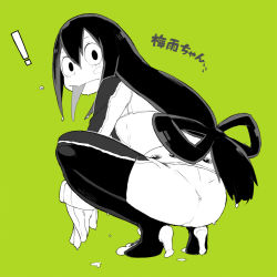 Rule 34 | !, 10s, 1girl, :&gt;, ass, asui tsuyu, bnnbnn, bodysuit, boku no hero academia, bow-shaped hair, character name, eyelashes, frog girl, from behind, gloves, green background, hair between eyes, hair rings, high heels, long hair, looking back, low-tied long hair, nabana (bnnbnn), simple background, solo, squatting, tongue, tongue out, webbed feet, wet