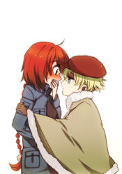Rule 34 | 1boy, 1girl, bad id, bad pixiv id, blonde hair, blue eyes, blush, braid, coat, covering own mouth, darker than black, green eyes, hand over mouth, hand over own mouth, july (darker than black), nuka (nukamochi), red hair, single braid, suou pavlichenko, winter clothes