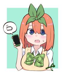 Rule 34 | 1girl, blue background, blue eyes, blush, bow, breasts, cellphone, collared shirt, commentary request, cropped torso, eyebrows hidden by hair, go-toubun no hanayome, green bow, hair between eyes, hand up, holding, holding phone, kujou karasuma, looking at viewer, medium breasts, nakano yotsuba, open mouth, phone, shirt, short sleeves, signature, solo, speech bubble, sweat, sweater vest, two-tone background, upper body, white background, white shirt