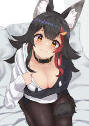 Rule 34 | 1girl, absurdres, animal collar, animal ears, black hair, blush, breasts, cleavage, collar, highres, hololive, hood, hoodie, jacket, large breasts, medium breasts, micon, multicolored hair, on bed, ookami mio, ookami mio (casual), open clothes, open jacket, pantyhose, red hair, sitting, smile, solo, tail, two-tone hair, virtual youtuber, wolf ears, wolf girl, wolf tail, yellow eyes