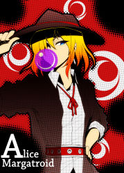 Rule 34 | 1girl, absurdres, alice margatroid, alternate costume, bad id, bad pixiv id, belt, blonde hair, blue eyes, bow, bowtie, blowing bubbles, character name, chewing gum, dress shirt, ex hien, female focus, halftone, halftone background, hat, hat tip, highres, ribbon, shirt, short hair, solo, touhou