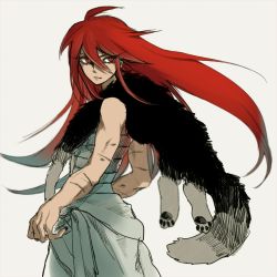 Rule 34 | 1girl, blurry, cowboy shot, depth of field, ebi (16960094), expressionless, grey background, highres, long hair, pelt, red eyes, red hair, sarashi, scar, shut hell, shut hell (character), simple background, sketch, solo, pelt
