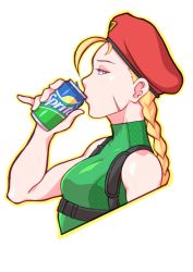 Rule 34 | 1girl, 2019, antenna hair, beret, blonde hair, blue eyes, braid, cammy white, can, drink can, drinking, eyeshadow, facial scar, from side, green leotard, hat, highres, holding, holding can, its just suppi, leotard, long hair, looking at viewer, looking to the side, makeup, pinky out, product placement, red hat, scar, scar on cheek, scar on face, signature, soda can, solo, sprite (drink), street fighter, street fighter v, twin braids