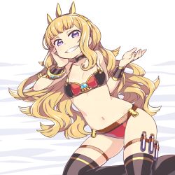 Rule 34 | 10s, 1girl, bikini, black thighhighs, blonde hair, blush, bracelet, cagliostro (granblue fantasy), chan co, flat chest, granblue fantasy, grin, hairband, jewelry, long hair, looking at viewer, navel, purple eyes, revision, simple background, smile, solo, swimsuit, test tube, thigh strap, thighhighs, tiara