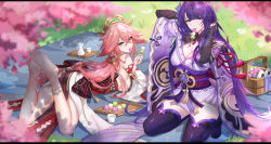 Rule 34 | 2girls, absurdres, bare shoulders, barefoot, blush, breasts, bridal gauntlets, bupa chila, crossed bangs, detached sleeves, feet up, food, genshin impact, hair ornament, highres, japanese clothes, kimono, kneeling, large breasts, long hair, long sleeves, looking at viewer, lying, miko, mochi, mouth hold, multiple girls, on stomach, outdoors, pink hair, purple eyes, purple hair, purple kimono, purple legwear, raiden shogun, thighhighs, thighs, yae miko
