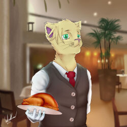 Rule 34 | apron, black vest, furry, furry male, highres, holding, holding tray, non-web source, restaurant, senseigablll, tray, vest, waist apron, waiter, yellow fur