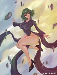 Rule 34 | 1girl, arachnart, breasts, cloud, cloudy sky, curvy, dress, facing viewer, full body, green eyes, green hair, high heels, highres, impossible clothes, impossible dress, large breasts, looking at viewer, no socks, one-punch man, pumps, short hair, sky, solo, tagme, tatsumaki, thick thighs, thighs, wide sleeves