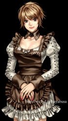 Rule 34 | 1girl, acquire, black background, blue eyes, breasts, brown hair, cleavage, cowboy shot, detached collar, maid, own hands together, parted bangs, short hair, simple background, smile, solo, standing, watermark, web address, wizardry, yuki hayabusa