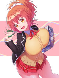 Rule 34 | 1girl, :d, black jacket, blazer, borrowed character, breasts, brown cardigan, cardigan, collared shirt, copyright request, highres, holding, huge breasts, jacket, looking at viewer, miniskirt, neck ribbon, onsoku inu, open mouth, orange hair, pincers, pleated skirt, ponytail, red ribbon, red skirt, ribbon, school uniform, shirt, skirt, smile, solo, wing collar, yellow eyes