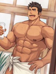 Rule 34 | 1boy, abs, bara, bottle, closed eyes, cowboy shot, facial hair, goatee stubble, groin, hand on own hip, highres, holding, holding bottle, large pectorals, male focus, male pubic hair, muscular, muscular male, navel, nipples, open mouth, original, paid reward available, pectorals, pubic hair, relaxing, signature, solo, sparse chest hair, spiked hair, stubble, sweat, thick eyebrows, towel, zifu