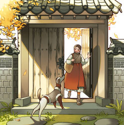 Rule 34 | 1girl, absurdres, animal, architecture, autumn leaves, bag, braid, brick wall, brown hair, clothed animal, day, dog, east asian architecture, falling leaves, gate, grass, grey socks, hanbok, hands up, highres, im honeybread, korean clothes, leaf, long hair, looking at another, looking up, original, parted lips, petticoat, red skirt, shoulder bag, skirt, smile, socks, twin braids, twintails, walking, winter clothes