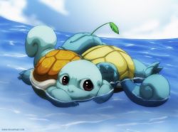 Rule 34 | afloat, blue sky, brown eyes, cloud, cloudy sky, commentary, commission, creature, creatures (company), day, deviantart username, english commentary, full body, game freak, gen 1 pokemon, happy, mouth hold, namh, nintendo, no humans, outdoors, pokemon, pokemon (creature), shell, sky, squirtle, water, watermark, web address