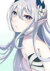 Rule 34 | 1girl, absurdres, backless dress, backless outfit, bare shoulders, detached sleeves, dress, gradient eyes, grey dress, grey hair, hair between eyes, highres, kaki (pixiv 71822969), lamia (punishing: gray raven), long hair, long pointy ears, looking at viewer, multicolored eyes, official alternate costume, official alternate eye color, official alternate hair color, parted lips, pointy ears, punishing: gray raven, solo, white background