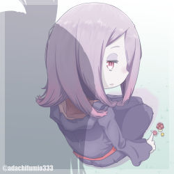 Rule 34 | 10s, 1girl, adachi fumio, full body, hair over one eye, little witch academia, long hair, long skirt, looking at viewer, robe, silver hair, simple background, skirt, solo, squatting, sucy manbavaran, twitter username