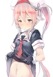 Rule 34 | 10s, 1girl, beret, clothes lift, commentary, gloves, hair between eyes, hair ornament, harusame (kancolle), hat, kantai collection, long hair, midriff, navel, neckerchief, pink eyes, pink hair, sailor collar, school uniform, serafuku, shirt lift, short sleeves, side ponytail, sidelocks, simple background, solo, sumisu (mondo), upper body, white background