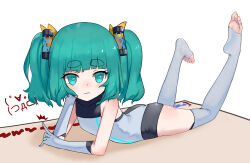 Rule 34 | 1girl, :s, ^^^, acfun, ass, bare shoulders, blunt bangs, blush, bow, chaowei suzhi, feet, feet up, flat chest, full body, gloves, green eyes, green hair, hair bow, hair ornament, hand on own cheek, hand on own face, head rest, heattech leotard, kaomoji, leotard, looking at viewer, lying, medium hair, neon trim, on stomach, reed girl, short eyebrows, simple background, sleeveless turtleneck leotard, solo, the pose, thighhighs, third-party source, toeless legwear, turtleneck, twintails, white background, white gloves, white leotard, white thighhighs, yellow bow