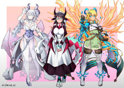 Rule 34 | 3girls, apron, black hair, blonde hair, blue eyes, braid, breasts, cleavage, crown braid, demon girl, demon horns, demon wings, dragon girl, dragon horns, dragon tail, dragon wings, dress, duel monster, epaulettes, exosister elis, exosister mikailis, glasses, gloves, green eyes, grey eyes, hair ornament, highres, holding, horns, house dragonmaid, jarckius, lace-trimmed apron, lace trim, large breasts, leotard, leotard under clothes, long hair, long sleeves, looking at viewer, lovely labrynth of the silver castle, low wings, maid, maid apron, maid headdress, multiple girls, multiple wings, pink hair, pointy ears, smile, spread cleavage, star (symbol), star hair ornament, tail, thighhighs, transparent wings, twintails, white hair, white horns, wings, yu-gi-oh!, yu-gi-oh! master duel
