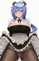 Rule 34 | 1girl, absurdres, apron, black dress, black neckwear, black pantyhose, blue hair, blush, breasts, cameltoe, cleavage, cleavage cutout, clothes lift, clothing cutout, collar, cowlick, dress, dress lift, frills, ganyu (genshin impact), genshin impact, gluteal fold, hair between eyes, highres, horns, large breasts, lifted by self, long hair, long sleeves, looking at viewer, maid, maumaou, panties, panties under pantyhose, pantyhose, pink panties, purple eyes, sidelocks, simple background, solo, underwear, white background, white collar