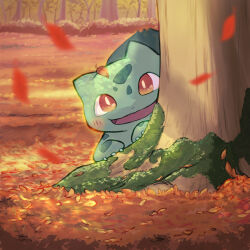 Rule 34 | autumn, autumn leaves, blush, bright pupils, bulbasaur, claws, creatures (company), falling leaves, forest, game freak, gen 1 pokemon, hiro (haruumi0120), leaf, moss, nature, nintendo, no humans, nostrils, open mouth, peeking out, pokemon, pokemon (creature), red eyes, solo, tree, under tree, white pupils