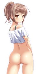 Rule 34 | 1girl, ass, blouse, bottomless, brown eyes, brown hair, cowboy shot, crop top, ki (kk-sk-ray), looking at viewer, looking back, off-shoulder shirt, off shoulder, original, ponytail, pussy, shirt, simple background, solo, white background, white shirt