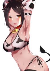 Rule 34 | 1girl, absurdres, animal ears, animal print, armpits, bell, bikini, black hair, blush, breasts, cleavage, cotton kanzaki, cow print, cowbell, dumbbell nan kilo moteru?, highres, large breasts, open mouth, smile, sweat, swimsuit, tachibana satomi, tail