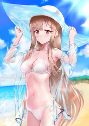 Rule 34 | 1girl, absurdres, arachangram18, bare shoulders, beach, bikini, blue sky, blunt bangs, blush, breasts, brown eyes, brown hair, cleavage, closed mouth, cloud, collarbone, cowboy shot, day, dot nose, hands up, hat, highres, holding, holding clothes, holding hat, idolmaster, idolmaster cinderella girls, idolmaster cinderella girls starlight stage, jacket, long hair, looking at viewer, medium breasts, mizumoto yukari, navel, ocean, outdoors, see-through, see-through jacket, sky, smile, solo, standing, swimsuit, white bikini, white hat