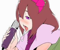 Rule 34 | animated, animated gif, ascot, brown hair, cookie (touhou), drooling, eyelashes, closed eyes, fellatio, food-themed hair ornament, hair ornament, hairband, ichigo (cookie), long hair, microphone, open mouth, oral, purple eyes, saliva, sexually suggestive, simple background, solo, sorry carl, strawberry hair ornament, teeth, white background