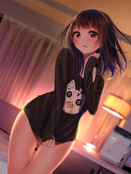 Rule 34 | 1girl, black shirt, brown eyes, brown hair, collarbone, commentary request, curtains, dutch angle, hand up, kentaurosu, lamp, long hair, long sleeves, looking at viewer, matsuno chiya, naked shirt, original, parted lips, print shirt, shirt, shirt tug, sleeves past wrists, solo