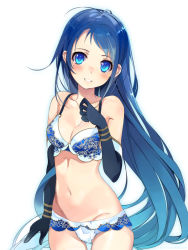 Rule 34 | 10s, 1girl, black gloves, blue bra, blue eyes, blue hair, blue panties, blush, bra, breasts, cleavage, cowboy shot, elbow gloves, gloves, kantai collection, lace, lace-trimmed panties, lace trim, long hair, looking at viewer, medium breasts, navel, panties, samidare (kancolle), shirokitsune, simple background, smile, solo, underwear, underwear only, very long hair
