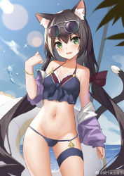 Rule 34 | 1girl, animal ear fluff, animal ears, bikini, black hair, blush, bow, bowtie, bracelet, breasts, cat ears, cat girl, cat tail, contrapposto, cowboy shot, duan zhu, eyewear on head, fang, green eyes, halterneck, highres, jewelry, karyl (princess connect!), karyl (summer) (princess connect!), long hair, low twintails, multicolored hair, navel, open mouth, outdoors, princess connect!, sketch, skin fang, small breasts, solo, streaked hair, sunglasses, swimsuit, tail, thigh strap, twintails, very long hair, weibo username