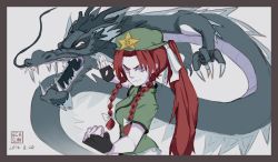 Rule 34 | 1girl, alternate costume, beret, blue eyes, braid, china dress, chinese clothes, dragon, dress, eastern dragon, fingerless gloves, gloves, hat, hat ornament, highres, hong meiling, long hair, red hair, skip screw, star (symbol), star hat ornament, embodiment of scarlet devil, touhou, twin braids