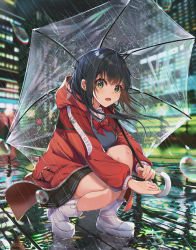 Rule 34 | 1girl, :d, absurdres, black hair, black skirt, blush, boots, bow, bowtie, breasts, building, city, commentary request, full body, green eyes, highres, holding, holding umbrella, hood, hood down, huge filesize, jacket, knee boots, kurokuro illust, long hair, long sleeves, looking at viewer, medium breasts, miniskirt, night, open clothes, open jacket, open mouth, original, outdoors, pleated skirt, rain, red bow, red bowtie, red jacket, reflective floor, skirt, smile, solo, squatting, transparent, transparent umbrella, umbrella, unworn jacket, unzipped, water, white footwear, zipper