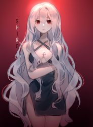 Rule 34 | 1girl, bare legs, bare shoulders, breasts, cleavage, cleavage cutout, clothing cutout, dress, highres, lilianei, long hair, looking at viewer, medium breasts, original, red eyes, short dress, silver hair, solo, standing, upper body, very long hair, wavy hair