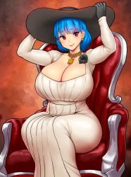 Rule 34 | 1girl, alcina dimitrescu, alcina dimitrescu (cosplay), arms up, black gloves, blue hair, breasts, chair, cleavage, commentary, cosplay, curvy, earrings, erkaz, gloves, highres, huge breasts, jewelry, necklace, original, pink eyes, resident evil, resident evil village, rina atherina, short hair, sitting, smile, solo, thick thighs, thighs, wide hips