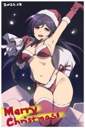 Rule 34 | 1girl, :d, arm up, bikini, breasts, christmas, commentary request, dated, duke (inu daimyou), gloves, green eyes, hat, large breasts, long hair, looking at viewer, love live!, love live! school idol project, merry christmas, navel, open mouth, purple hair, red bikini, red gloves, red hat, red thighhighs, santa hat, side-tie bikini bottom, smile, solo, swimsuit, thighhighs, thighs, tojo nozomi