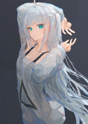 Rule 34 | 1girl, absurdres, ahoge, aqua eyes, arms up, bare shoulders, bra strap, closed mouth, collarbone, cowboy shot, double v, dress, gradient background, grey background, grey dress, grey sweater, highres, ichika (ichika87), long hair, long sleeves, looking at viewer, off-shoulder dress, off-shoulder sweater, off shoulder, one side up, original, silver hair, smile, solo, sweater, sweater dress, v, very long hair