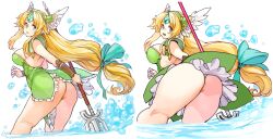 Rule 34 | 1girl, ass, blonde hair, blue eyes, breasts, curvy, dress, female focus, forehead jewel, from behind, green dress, headgear, highres, huge ass, in water, karakasa obake, large breasts, looking at viewer, looking back, redrawn, riesz, sachito, seiken densetsu, seiken densetsu 3, solo, standing, thick thighs, thighs, umbrella, water, white background, wide sleeves