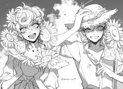 Rule 34 | 1boy, 1girl, blush, commentary request, flower, freckles, greyscale, grin, hand on own head, hat, holding, holding clothes, holding hat, jojo no kimyou na bouken, monochrome, one eye closed, open mouth, petals, sempon (doppio note), short hair, smile, sun hat, sunflower, trish una, twitter username, vento aureo, vinegar doppio