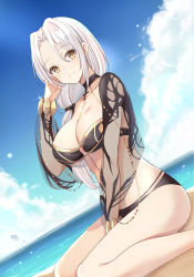 Rule 34 | 1girl, absurdres, bad id, bad pixiv id, bare legs, beach, bikini, black bikini, blue sky, breasts, brown eyes, carmilla (fate), carmilla (swimsuit rider) (fate), carmilla (swimsuit rider) (third ascension) (fate), choker, cleavage, cloud, cloudy sky, collarbone, commentary request, cross, day, dutch angle, fate/grand order, fate (series), hand up, highres, horizon, large breasts, long hair, looking at viewer, ocean, outdoors, parted bangs, see-through, sidelocks, sitting, sky, smile, solo, swimsuit, thighs, water, white hair, yuzu-aki