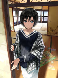 Rule 34 | 1girl, :o, black hair, black shirt, blue eyes, blue sky, board game, card, chef no kimagure salad, chestnut mouth, collarbone, cowboy shot, haunted campus, highres, indoors, jacket, long sleeves, nada koyomi, open clothes, open jacket, parted lips, pole, shirt, sky, sliding doors, snow, solo, winter
