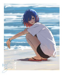 Rule 34 | 1girl, alternate costume, beach, black shorts, blue eyes, blue hair, blush, border, bracelet, colored inner hair, commentary, day, flip-flops, floating hair, from side, full body, half-closed eyes, hand on own arm, highres, isshiki (ffmania7), jewelry, kamitsubaki studio, looking at viewer, looking to the side, multicolored eyes, multicolored hair, ocean, open mouth, outdoors, outstretched arm, red eyes, red hair, rim (kamitsubaki studio), sandals, shadow, shirt, short hair, short sleeves, shorts, signature, smile, solo, squatting, symbol-only commentary, t-shirt, virtual youtuber, waves, white border, white shirt, yellow pupils
